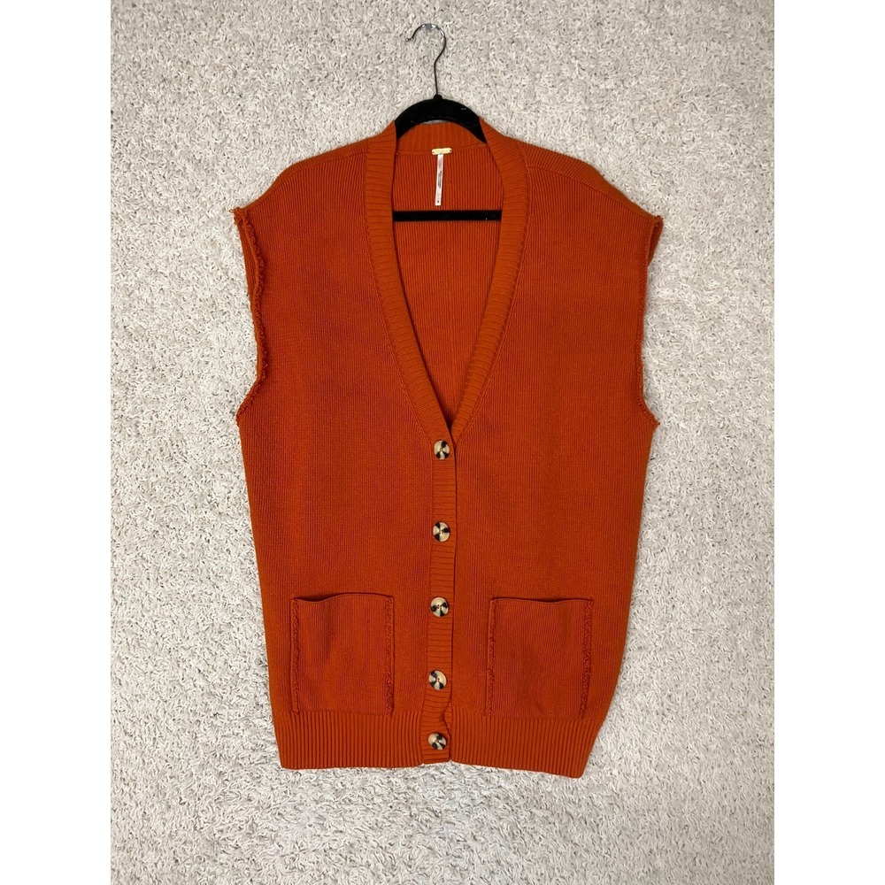 Free People Cardigan Sweater Vest Womens Medium Orange Oversized Button Front - Picture 1 of 7